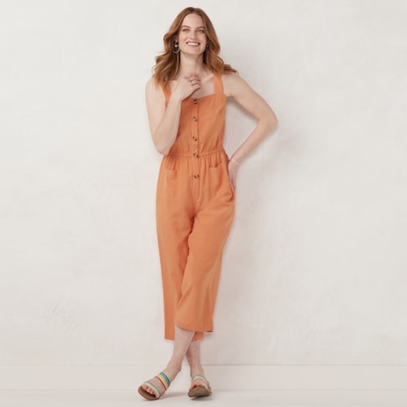 LC LAUREN CONRAD Jumpsuit Square Neck Bohemian Wide Leg Peach Sizes L XXL - Picture 1 of 10